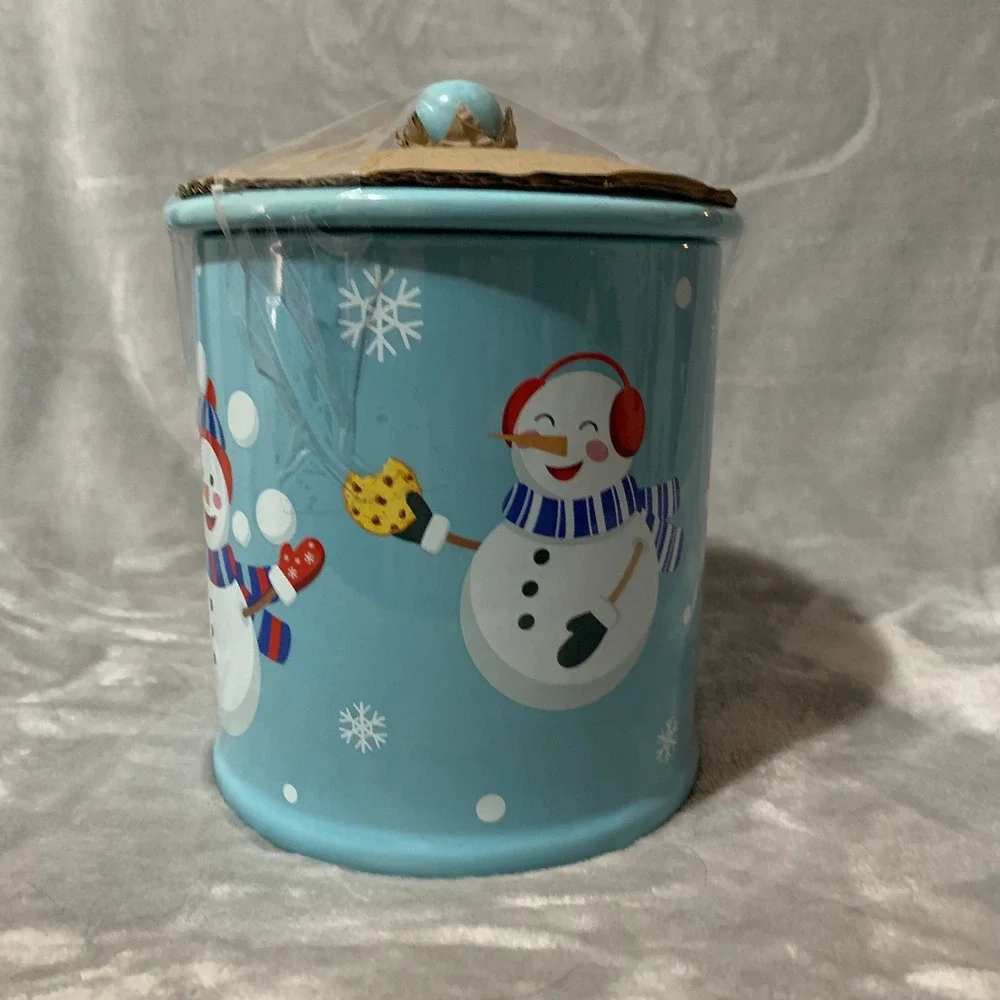 Mrs Fields Snowman Ceramic Cookie Jar Blue Christmas Holiday Treat Canister Lid